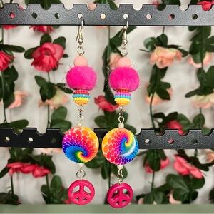 Handmade Colorful Long Dangle Tie Dye Peace Sign Hippie Aesthetic Earrings
